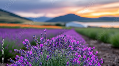 Vibrant Purple Lavender Field at Sunset with Mountain Background
