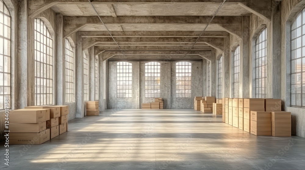 Cardboard boxes in sunlit warehouse, storage Cardboard boxes in sunlit warehouse, storage