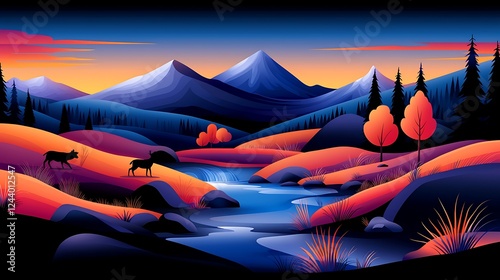 Vibrant Sunset Landscape With Purple And Orange Mountains And Blue River