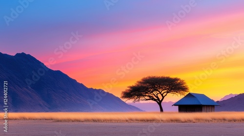 Vibrant Sunset Over African Savanna with Lone Tree and Hut