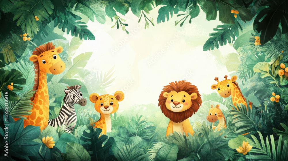 Fototapeta Colorful Cartoon Jungle Scene Featuring Joyful Animals Surrounded by Lush Greenery During a Sunny Day