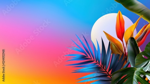 Vibrant Tropical Leaves and Sunset Gradient Background