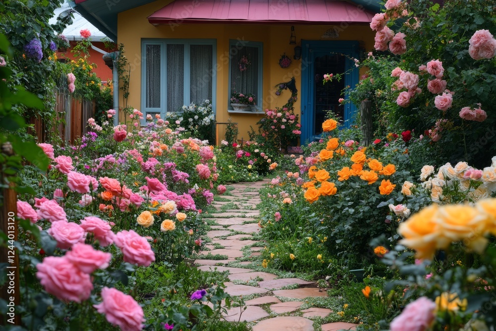 Fototapeta premium Colorful roses line a stone path to a cozy home