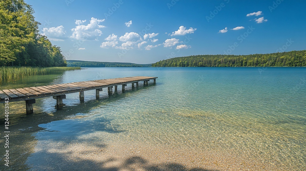 Sunny lake pier, tranquil waters, forest backdrop, summer vacation Sunny lake pier, tranquil waters, forest backdrop, summer vacation