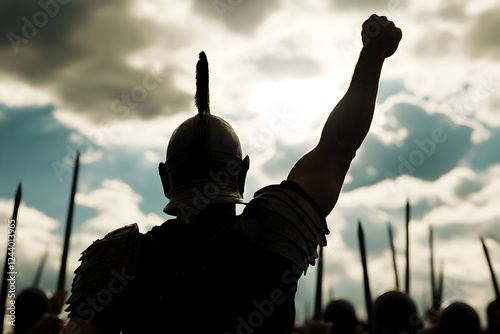 A Roman centurion standing in front of his troops, raising his sword to signal the start of a great battle.


