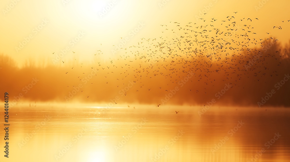 Obraz premium Golden Sunset Birds Flying Over Calm Water