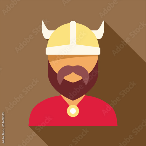 Flat design illustration of a viking warrior wearing horned helmet and sporting a beard