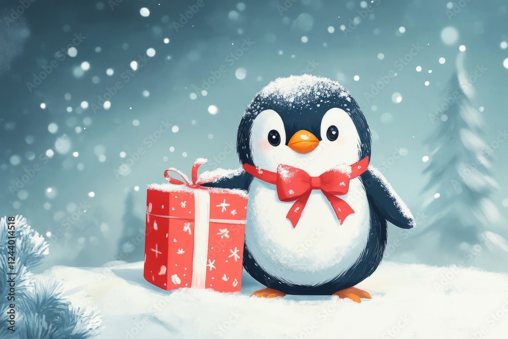 Adorable penguin wearing a red bow presenting a christmas gift in a snowy landscape Adorable penguin wearing a red bow presenting a christmas gift in a snowy landscape