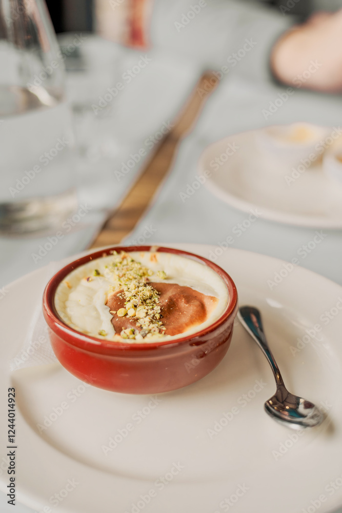 Syutlach. A creamy dessert with a golden crust, baked in clay molds in the oven. Syutlach. A creamy dessert with a golden crust, baked in clay molds in the oven.