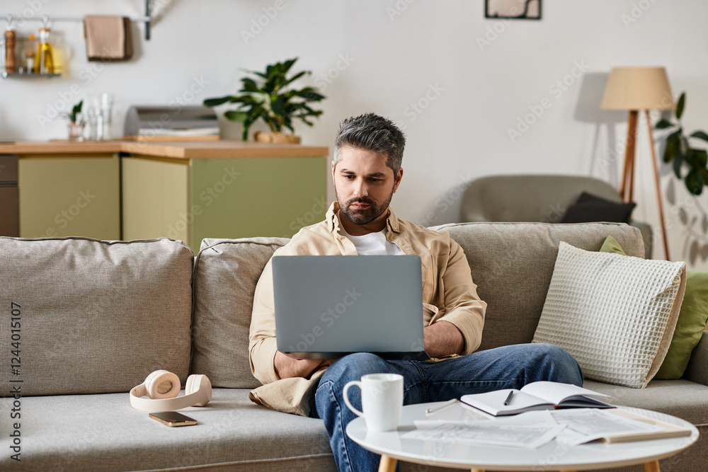 Handsome man working on laptop in a cozy living room during midday Handsome man working on laptop in a cozy living room during midday