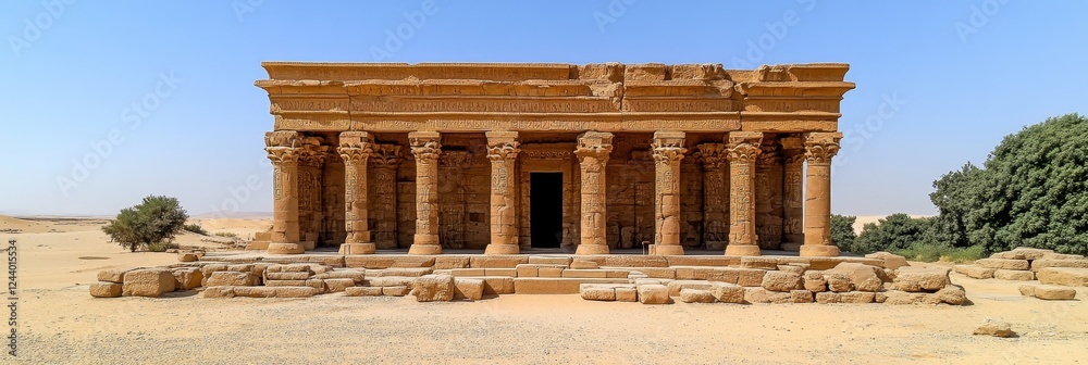 Fototapeta premium Majestic Ruins of an Ancient Egyptian Temple in the Desolate Desert Landscape Under a Clear Blue Sky