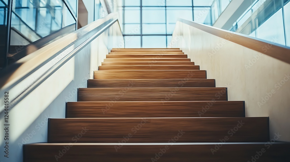 Modern Wooden Staircase Ascending Towards Sunlight Modern Wooden Staircase Ascending Towards Sunlight