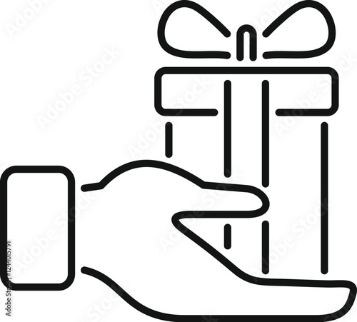 Giving a gift, hand holding a gift box with a ribbon, generosity and celebration concept
