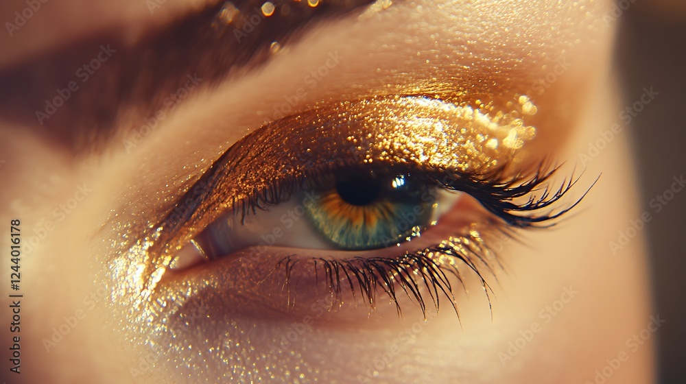 Fototapeta premium Golden Glitter Eye Makeup Close Up Shot
