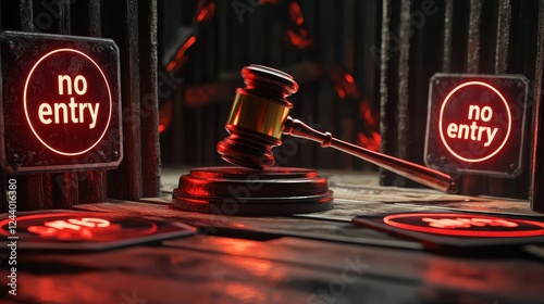 Gavel with No Entry Signs in a Dark Setting Emphasizing Legal Restrictions and Boundaries