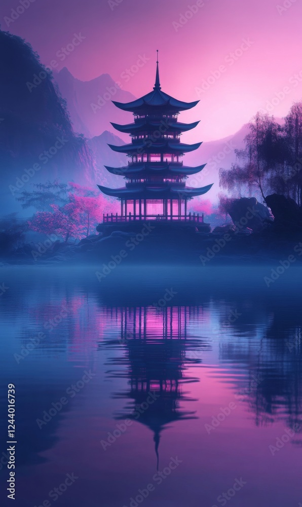 Obraz premium Mystical Pagoda Reflection A serene vista of an Asian temple in dreamy purple hues reflected on water