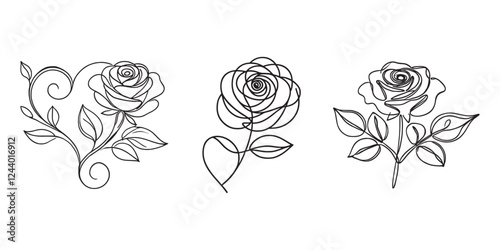 Elegant line art rose illustration set and white background