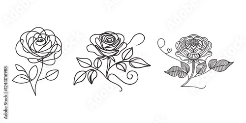 Elegant line art rose illustration set and white background
