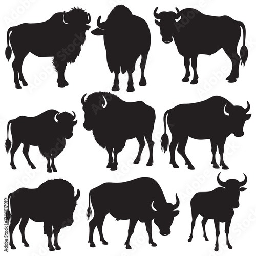 Different style Bison buffalo silhouettes set large pack of vector silhouette design