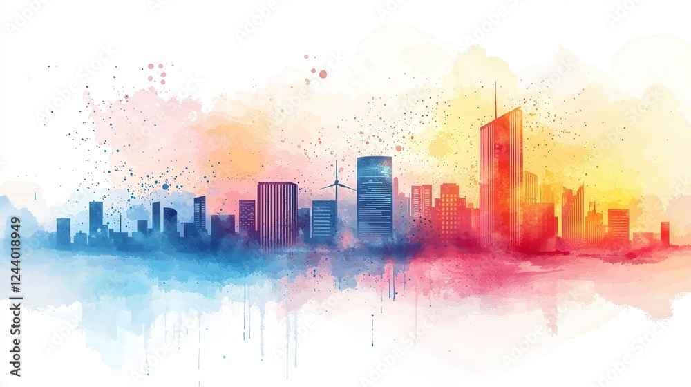 Fototapeta premium Watercolor Cityscape with Renewable Energy Sources at Sunset
