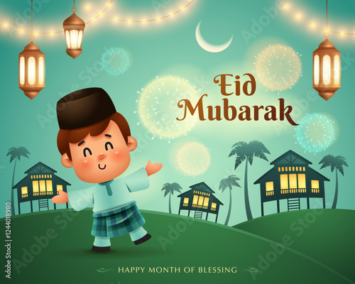 Joyful Eid Mubarak Celebration in a Festive Village Night