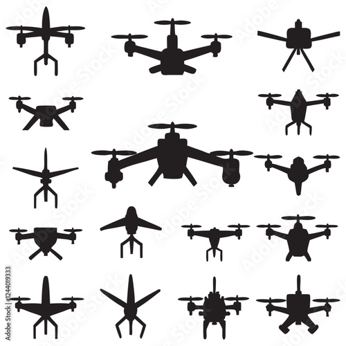 Different style Drone silhouettes set large pack of vector silhouette design