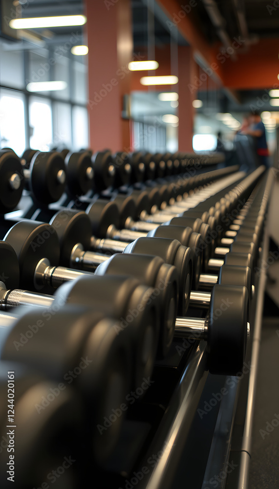 Fototapeta premium Rows of dumbbells for weight training in gym, detailed. with white shades