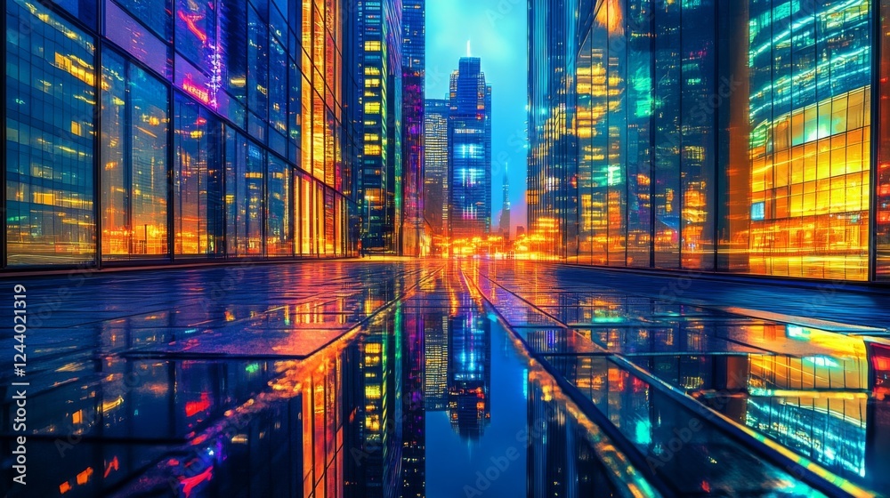 Reflections of a Modern Metropolis A Captivating Nighttime Cityscape With Glass Buildings Reflections of a Modern Metropolis A Captivating Nighttime Cityscape With Glass Buildings