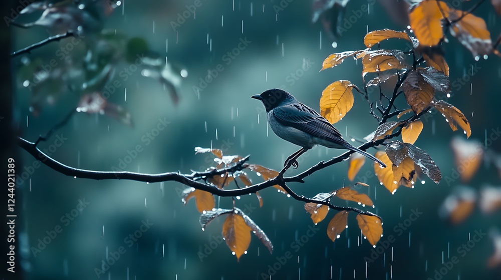 A solitary bird rests on a rain drenched branch A solitary bird rests on a rain drenched branch