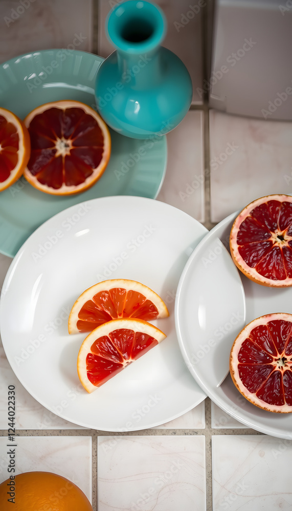 Plates with tasty blood oranges on tile background, close-up. with white shades Plates with tasty blood oranges on tile background, close-up. with white shades
