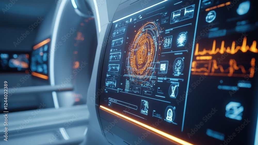 Fototapeta premium A closeup of an MRI scanner with a glowing interface panel featuring icons representing AI functions such as image enhancement and predictive modeling. The scanners sleek design contrasts