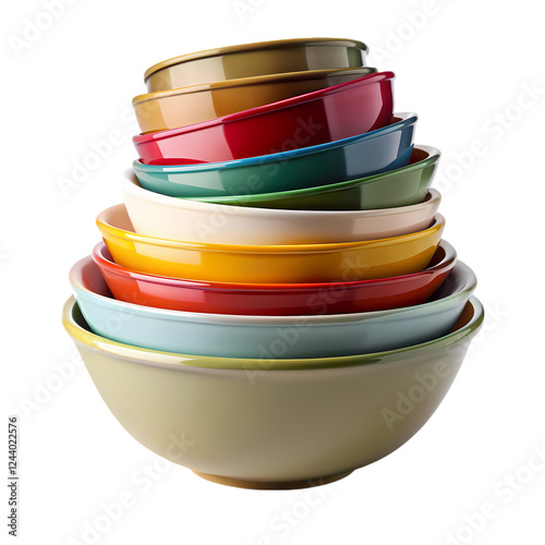 Colorful stack of vintage mixing bowls kitchenware retro style red set on transparent background photo