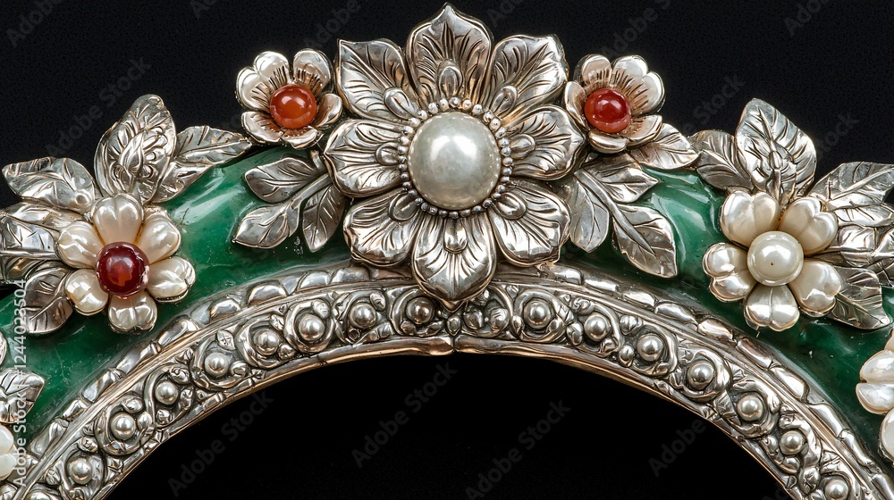 Obraz premium Silver ornate frame with pearls, gemstones, and green stone