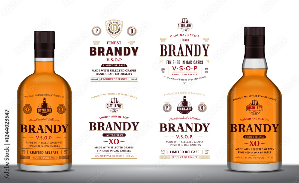 Vector brandy minimalistic labels and brandy or cognac glass bottle mockups