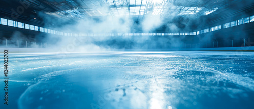 Professional ice hockey rink with dramatic lighting, fog, skate marks. Panoramic scene with winter sports arena for competition, championship. Sport background.Generative ai photo