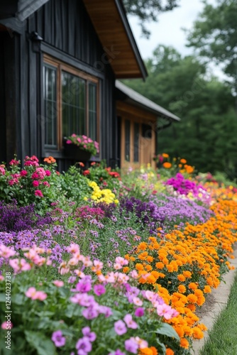 Wallpaper Mural Vibrant multi-colored flowers growing in a lush garden beside a contemporary dark wooden house, creating a picturesque summer scene Torontodigital.ca