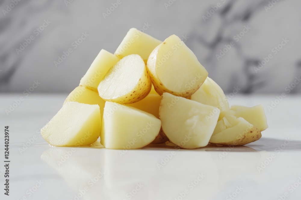 Freshly cut potatoes piled high on a kitchen countertop, ready for use or cooking Freshly cut potatoes piled high on a kitchen countertop, ready for use or cooking