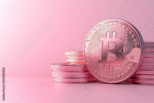 A shiny Bitcoin sits amid stacked coins against a soft pink background, symbolizing cryptocurrency and digital finance. photo