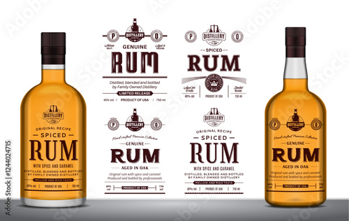 Vector spiced rum minimalistic labels and rum glass bottle mockups