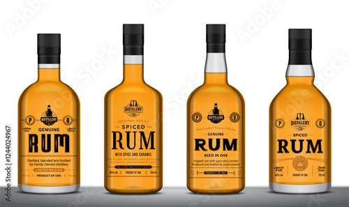 Vector spiced rum labels and rum glass bottle mockups