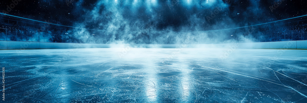 Blue empty ice hockey arena with dramatic lighting, fog, skate marks on the frozen surface. Professional ice rink stadium scene for winter sports, competition,championship backgrounds.Generative ai Blue empty ice hockey arena with dramatic lighting, fog, skate marks on the frozen surface. Professional ice rink stadium scene for winter sports, competition,championship backgrounds.Generative ai