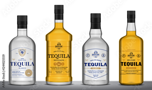 Vector tequila labels and tequila blanco and reposado glass bottle mockups