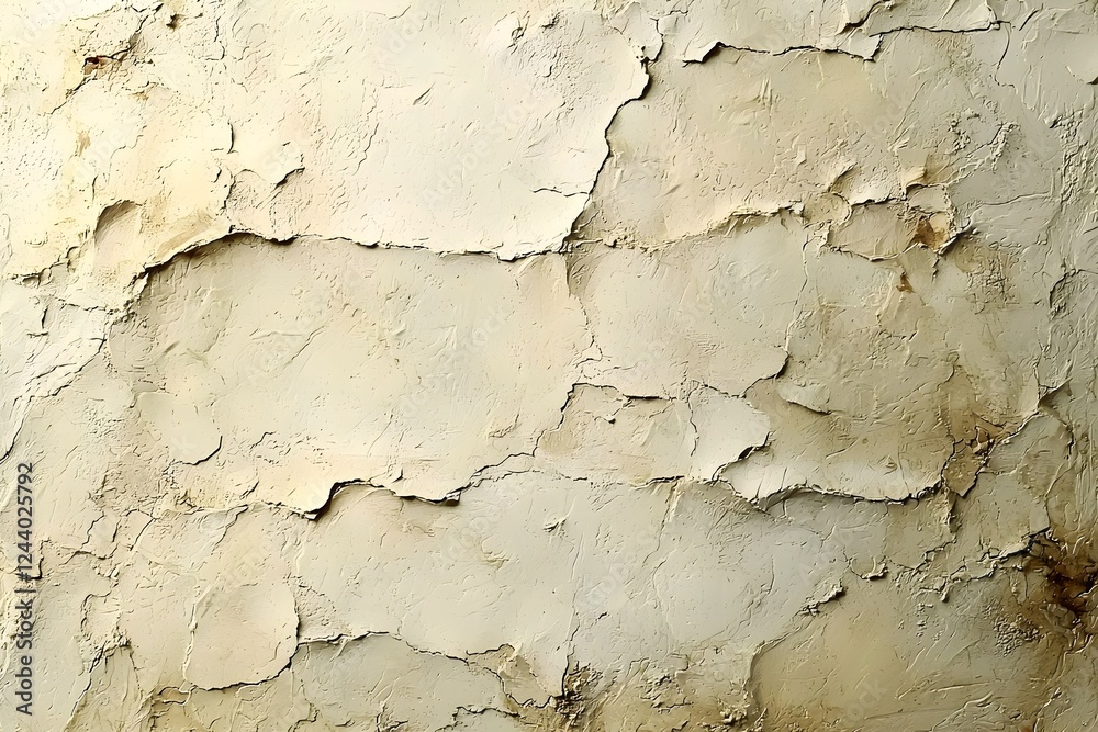 An abstract close-up of a textured wall with a soft beige and cream color palette, showcasing natural cracks and an aged appearance, perfect for backgrounds or design elements.