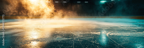 Panoramic view on professional ice hockey rink with dramatic lighting, fog, skate marks. Winter sports arena for competition, championship. Sport background.Generative ai	 photo