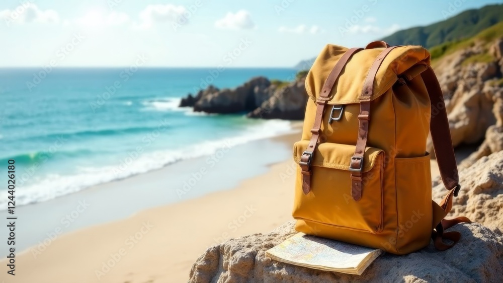 Stylish hipster backpack for mountain travel with sea view in summer Stylish hipster backpack for mountain travel with sea view in summer