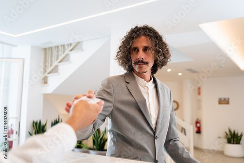 Elegant businessman receiving key card at hotel reception from clerk photo