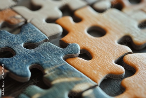 A close-up view of a single puzzle piece on a table, ready to be fitted into a larger puzzle photo