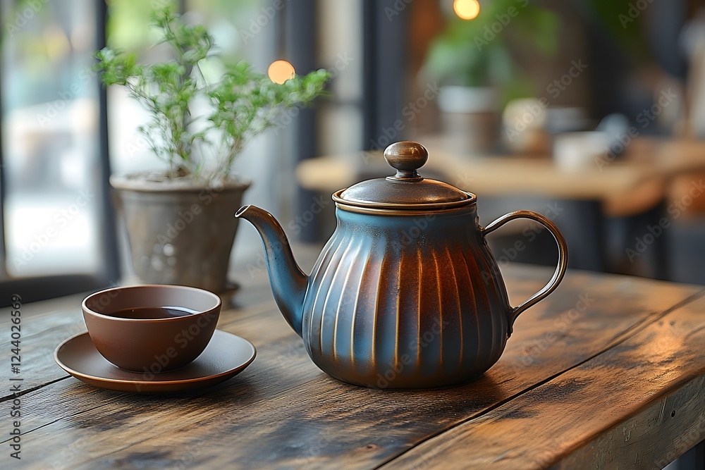 Elegant teapot with matching cup on a rustic wooden table in a cozy cafe during afternoon light Elegant teapot with matching cup on a rustic wooden table in a cozy cafe during afternoon light