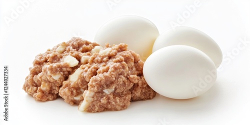 A close-up shot of eggs sitting on a white surface, perfect for use in food or still life photography