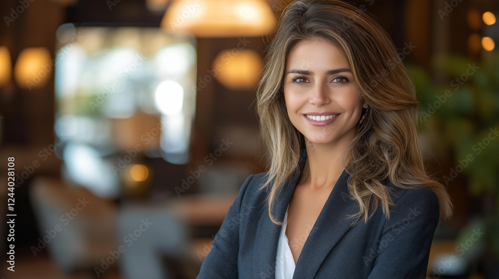 Obraz premium A professional woman working in a modern office, wearing a suit and smiling confidently at the camera, bright and motivational setting